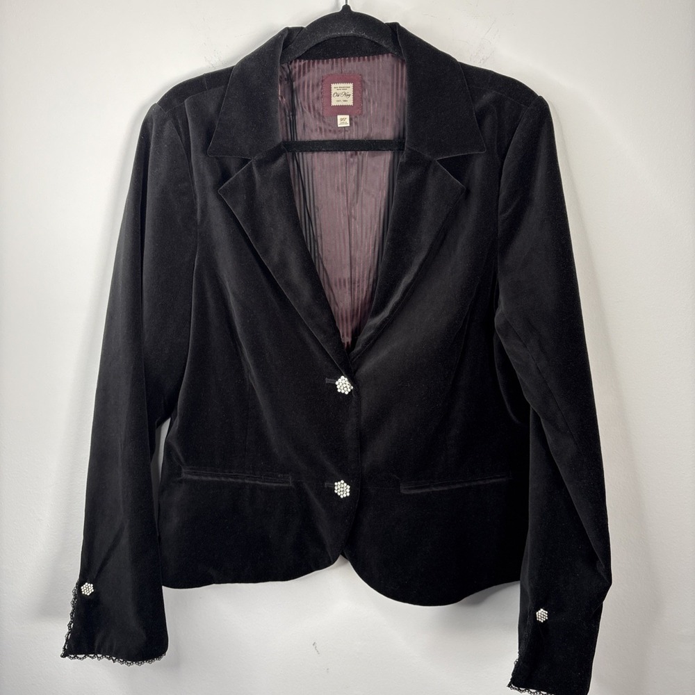 Vtg Old Navy Black Velvet Blazer XL Lace Trim Whimsigoth 90s Y2K Dainty Vamp - Picture 4 of 11